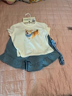 Girls Cream Corgi Graphic Tee & Blue Skirt Matching Set